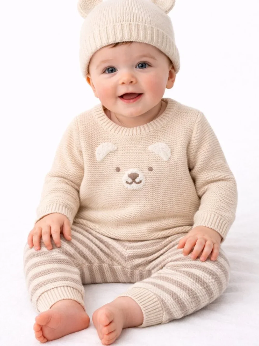 NWT Carter’s 6M Baby Boy 3-Piece Sweater Set Bear Outfit Knit Hat & Pants Cream - Picture 2 of 4